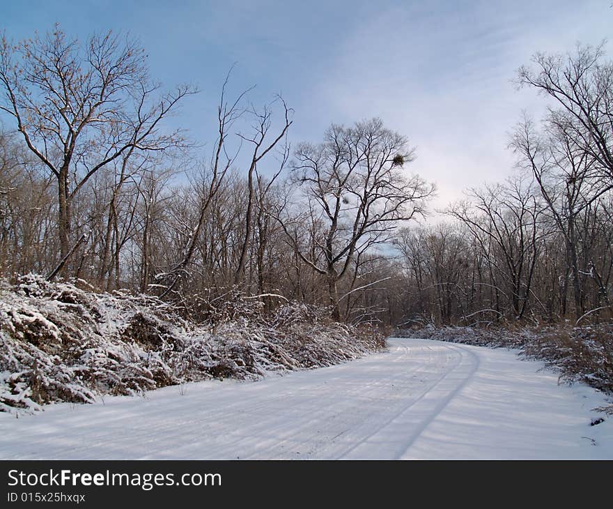 Wood road in the winter evening Russia.