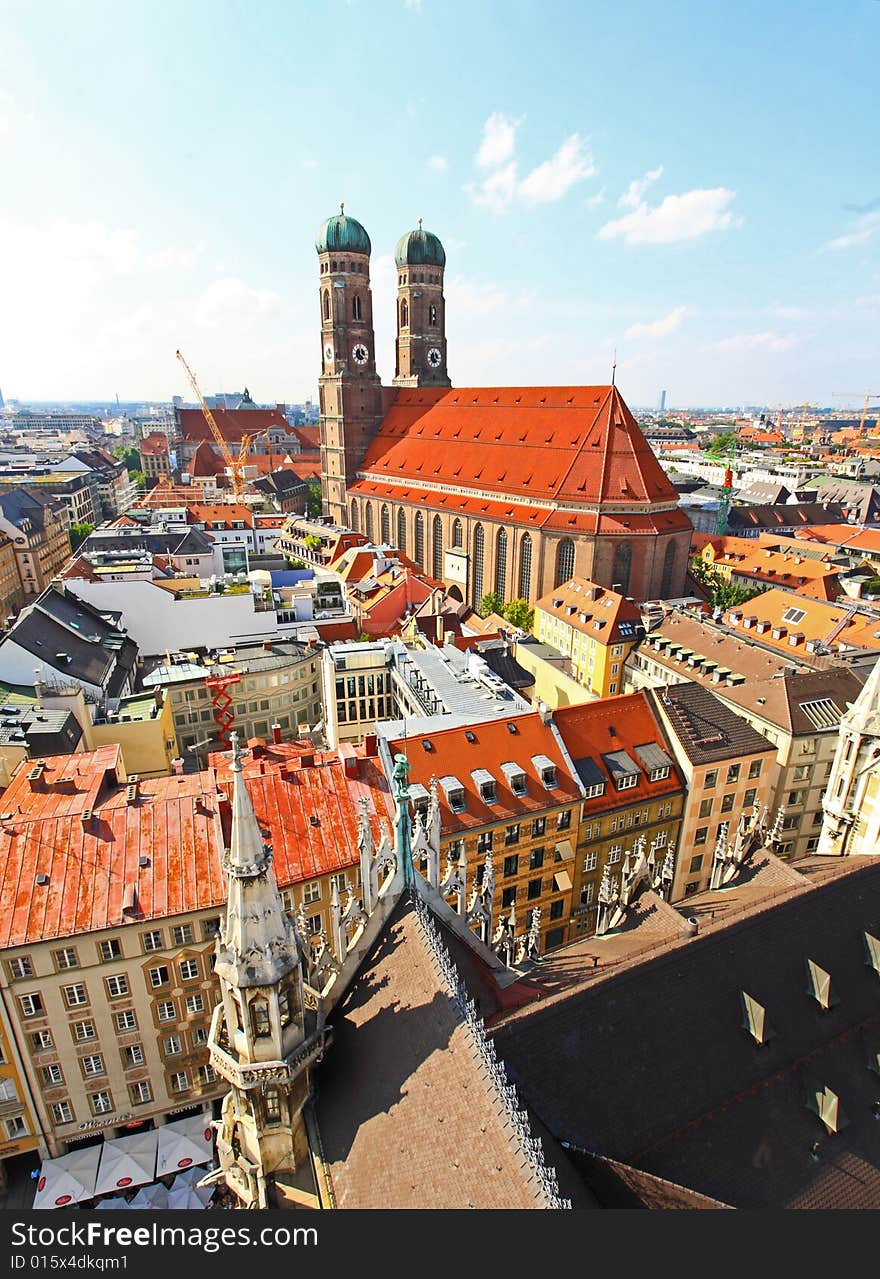 The aerial view of Munich city center from the tower of the City Hall