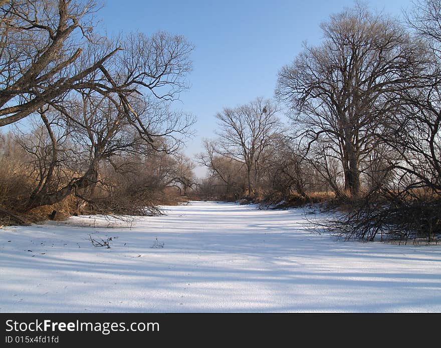 On ice of the frozen lake.