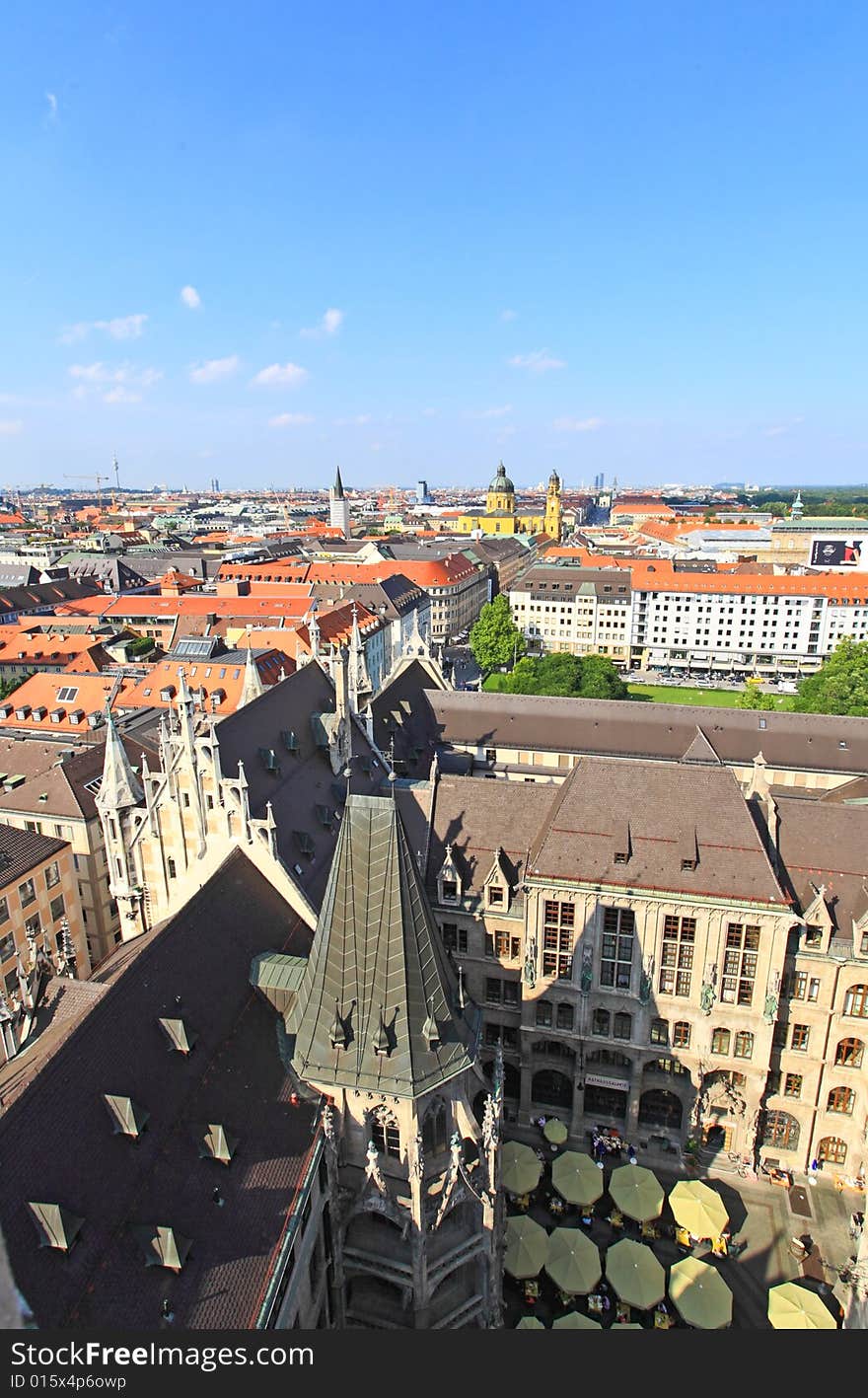 The aerial view of Munich city center from the tower of the City Hall