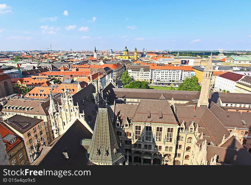 The aerial view of Munich city center from the tower of the City Hall