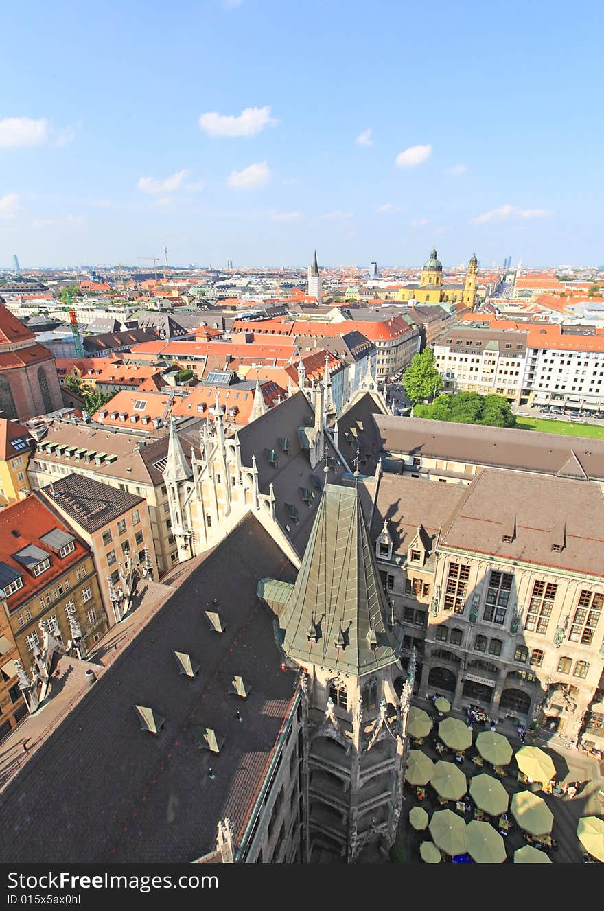 The aerial view of Munich city center from the tower of the City Hall