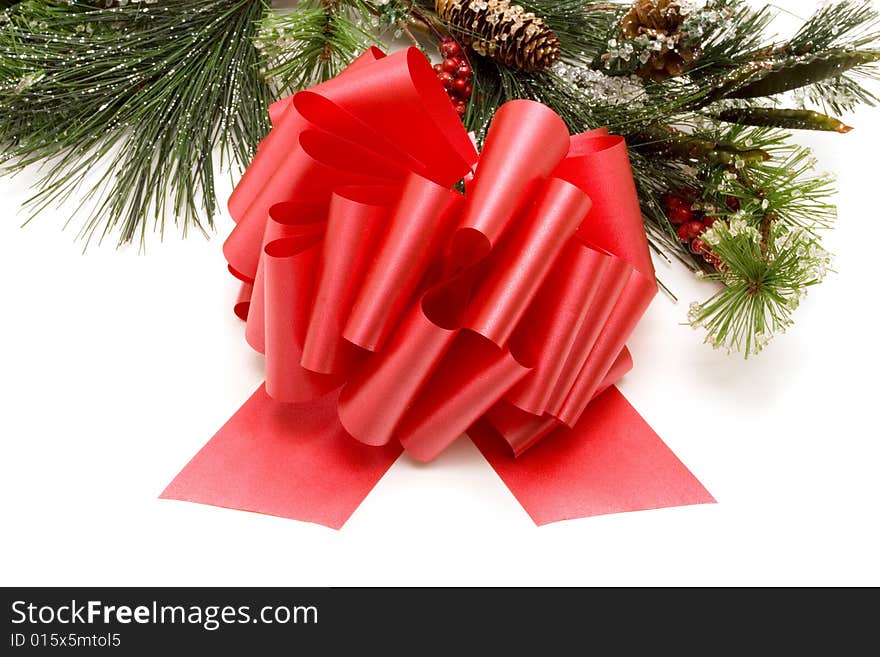 Red Ribbon Bow And Christmas Tree