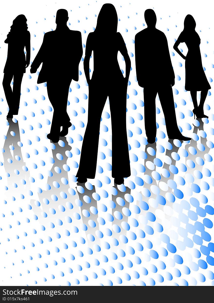 Illustration of people, blue, halftone