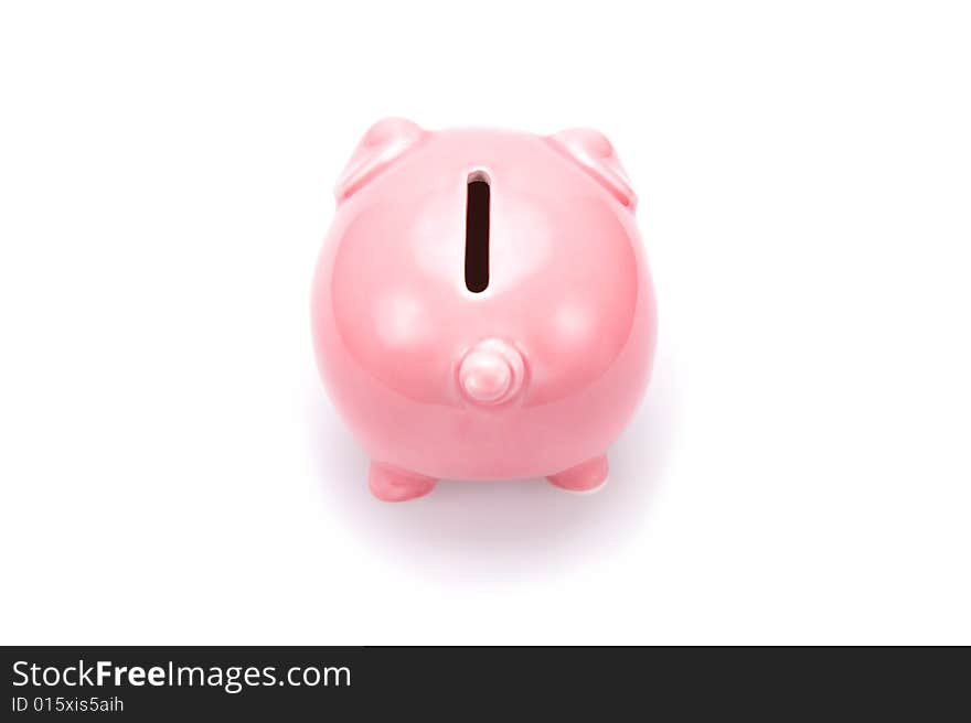 Closeup of a pink piggy bank. Isolated on white.