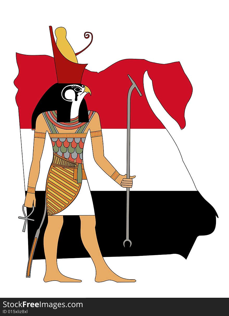 Horos the Egyptian God of Sky and flag,  illustration on the white background. Horos the Egyptian God of Sky and flag,  illustration on the white background