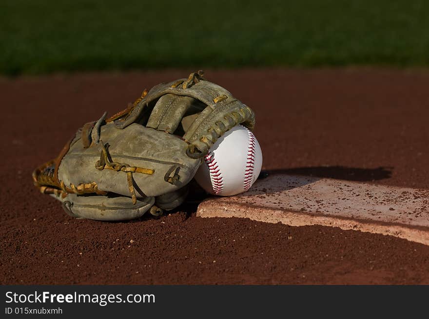 Baseball in glove on the field