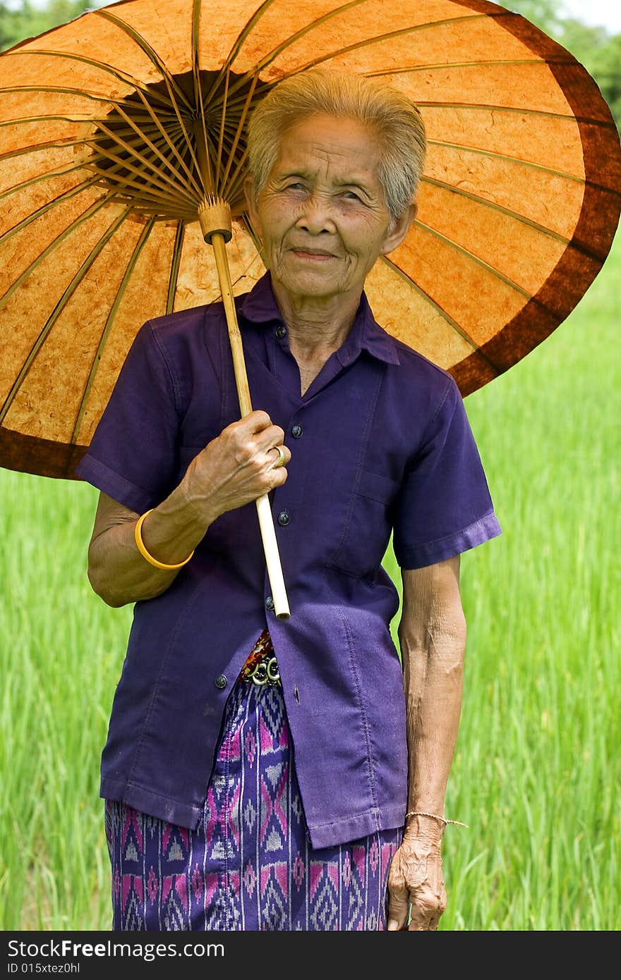 Old Asian woman with parasol on a rice-field in Thailand