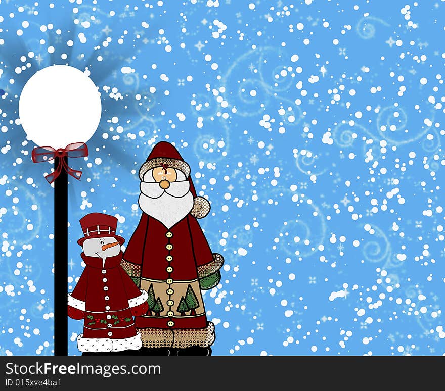 Frosty and Santa standing at a bus stop during a snow storm. Frosty and Santa standing at a bus stop during a snow storm