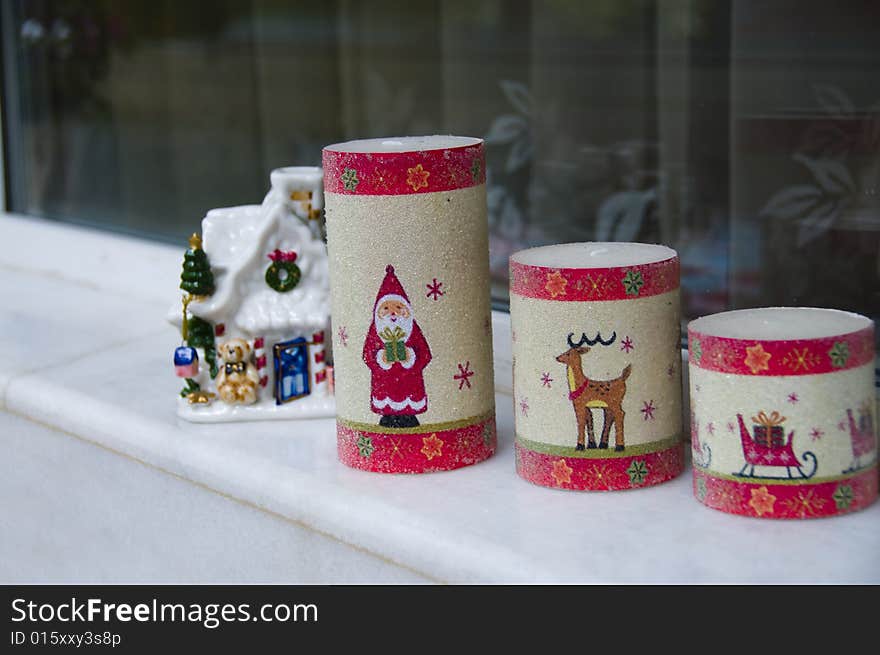 Window sill with christmas decoration. Window sill with christmas decoration