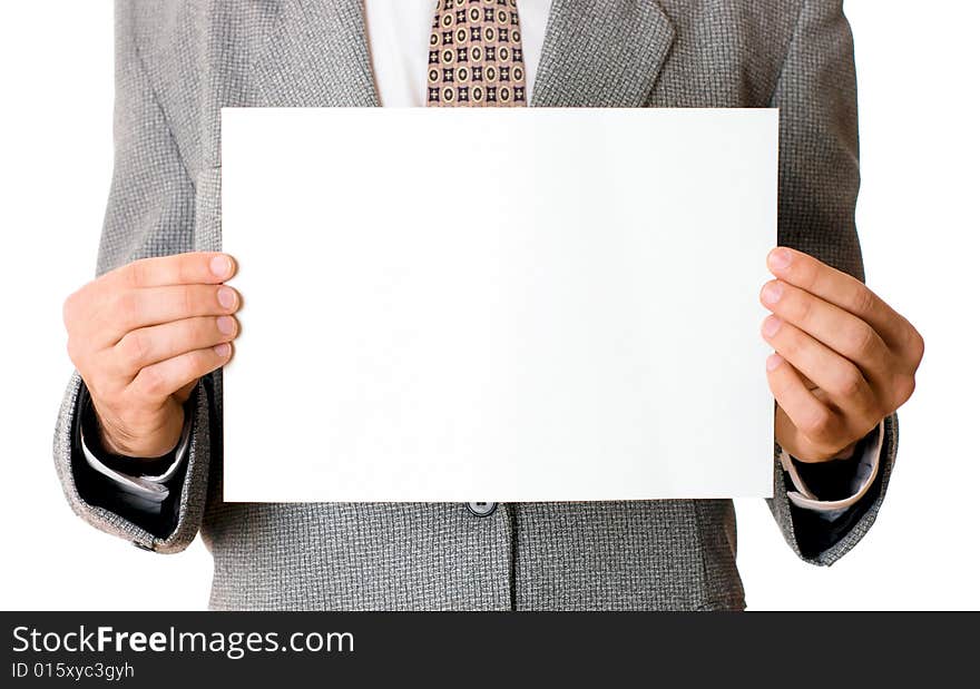 Businessmanwith a blank sign on white background