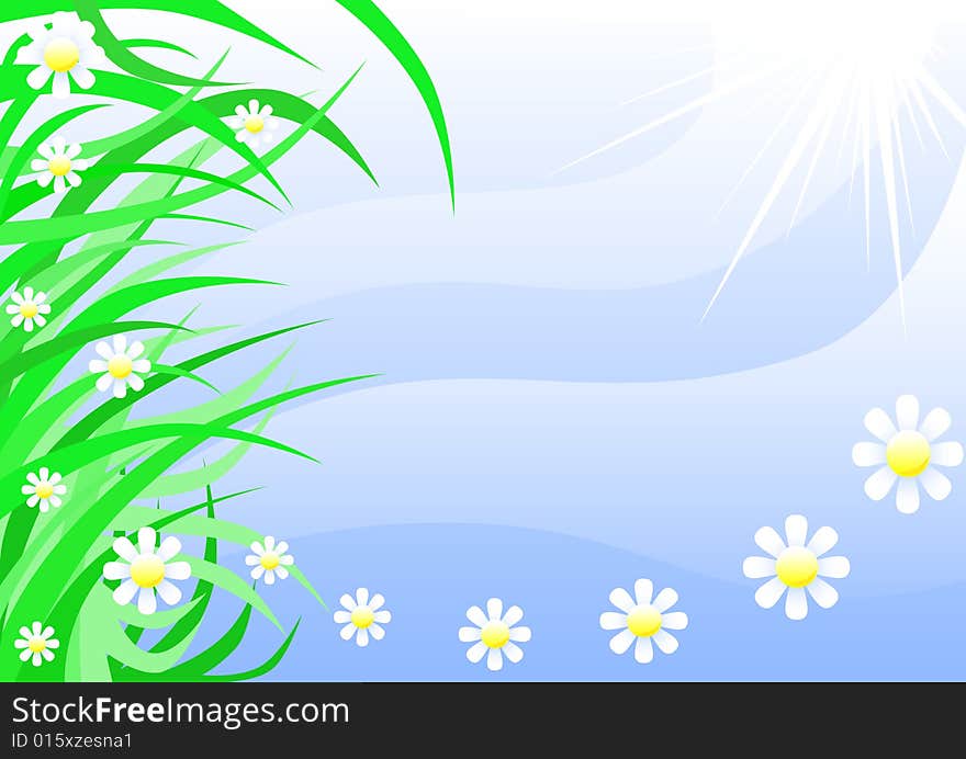 Vectors of grass and flowers against a backdrop of blue sky and sun