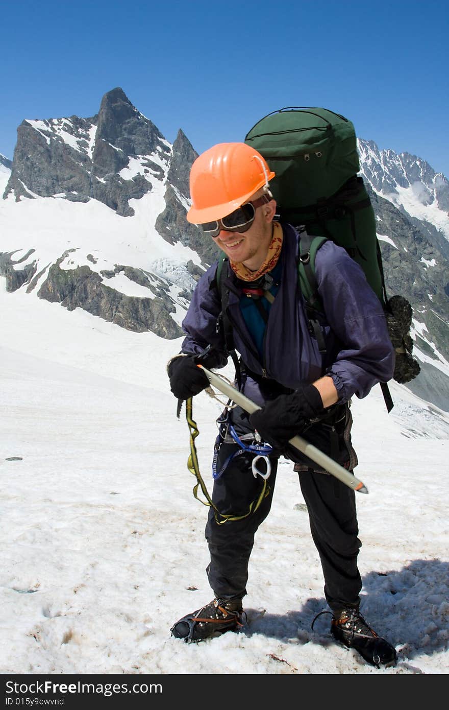 Happy Climber In Orange Helmet