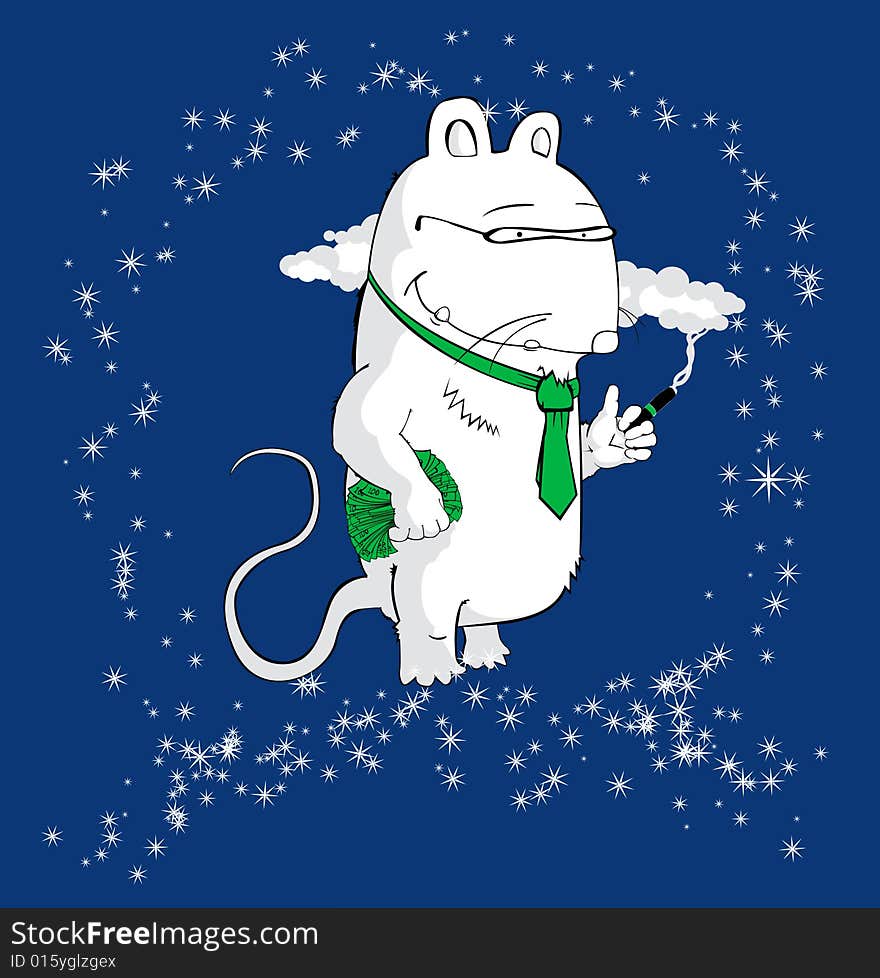 Rat smokes a cigar and around of a star