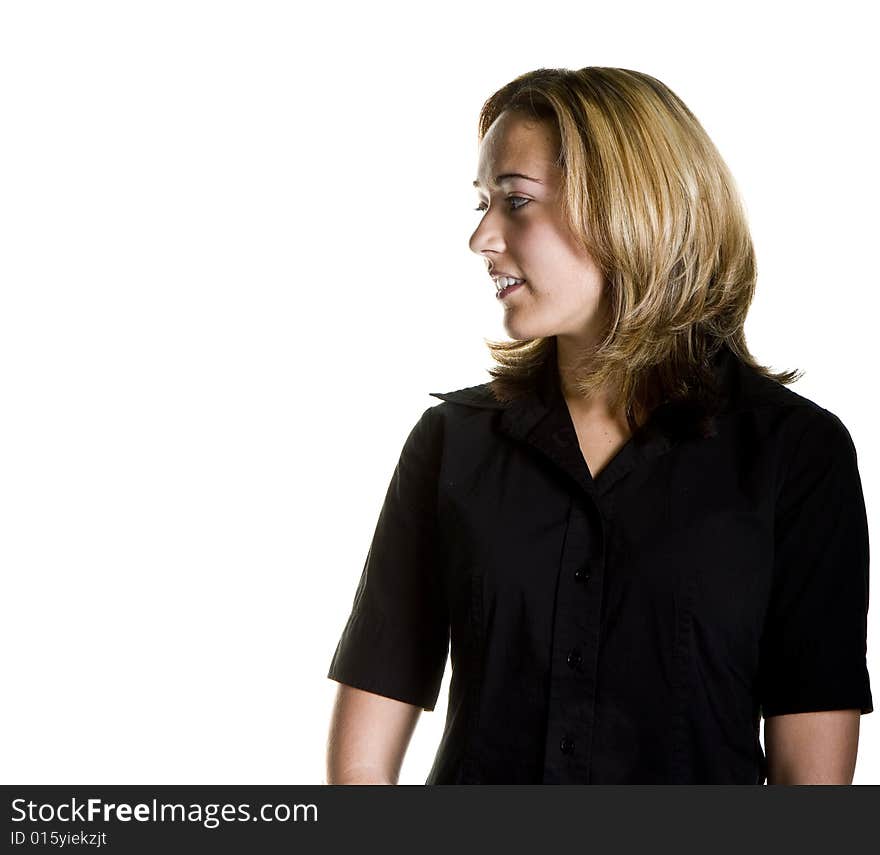 A blonde in a black shirt on a white background looking to right. A blonde in a black shirt on a white background looking to right