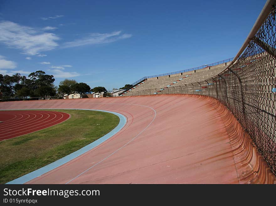 Cycling track at the oval showing the banked side. Cycling track at the oval showing the banked side