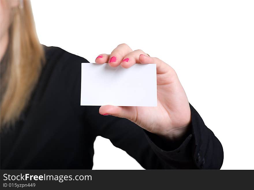 Young woman showing his business card, focus on fingers and card. Young woman showing his business card, focus on fingers and card.