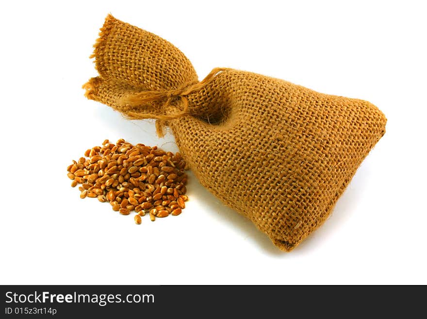 Hempy sack and grain on a white background