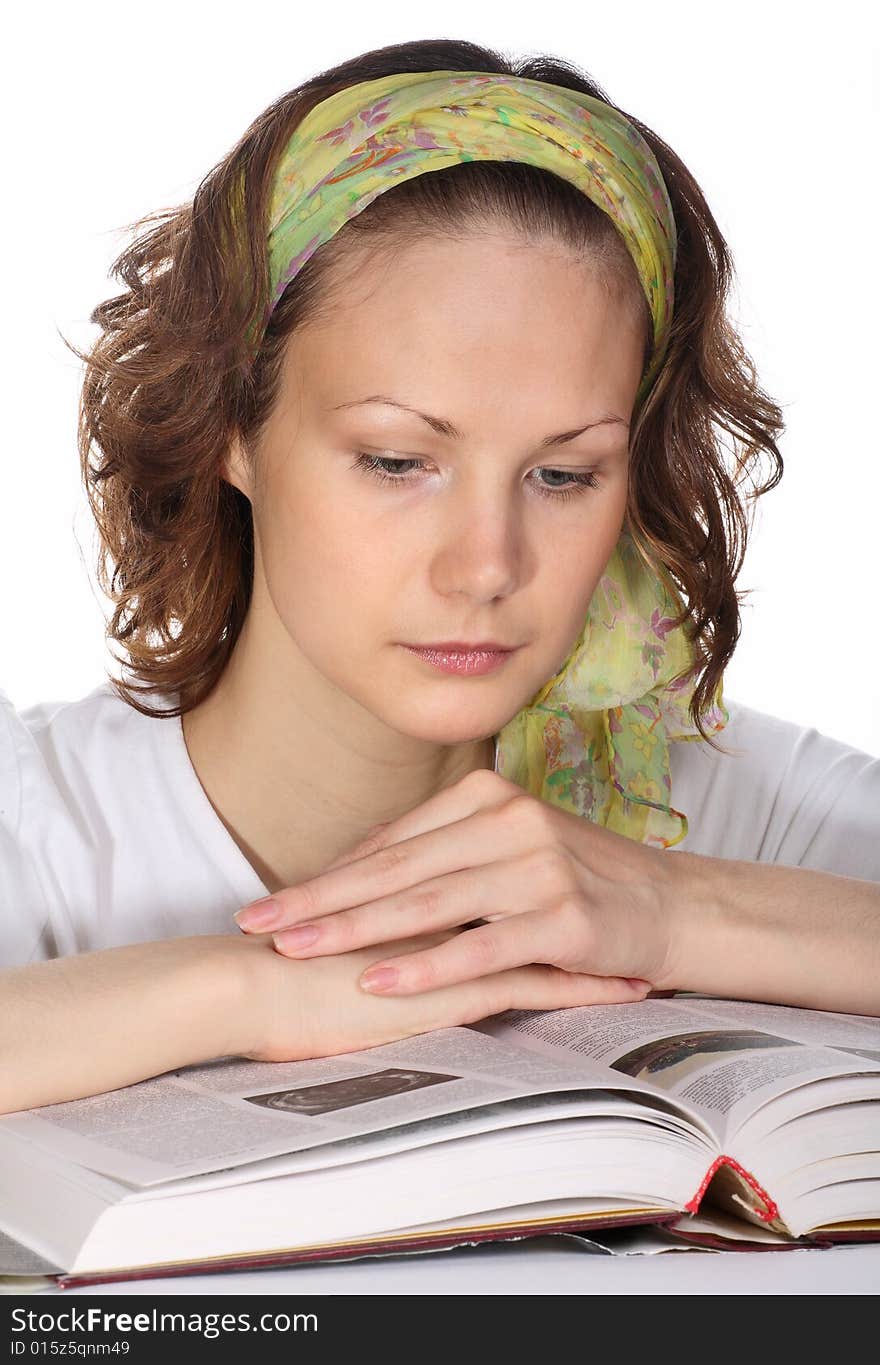 Portrait of Beautiful girl with green headscarf reading book. Portrait of Beautiful girl with green headscarf reading book