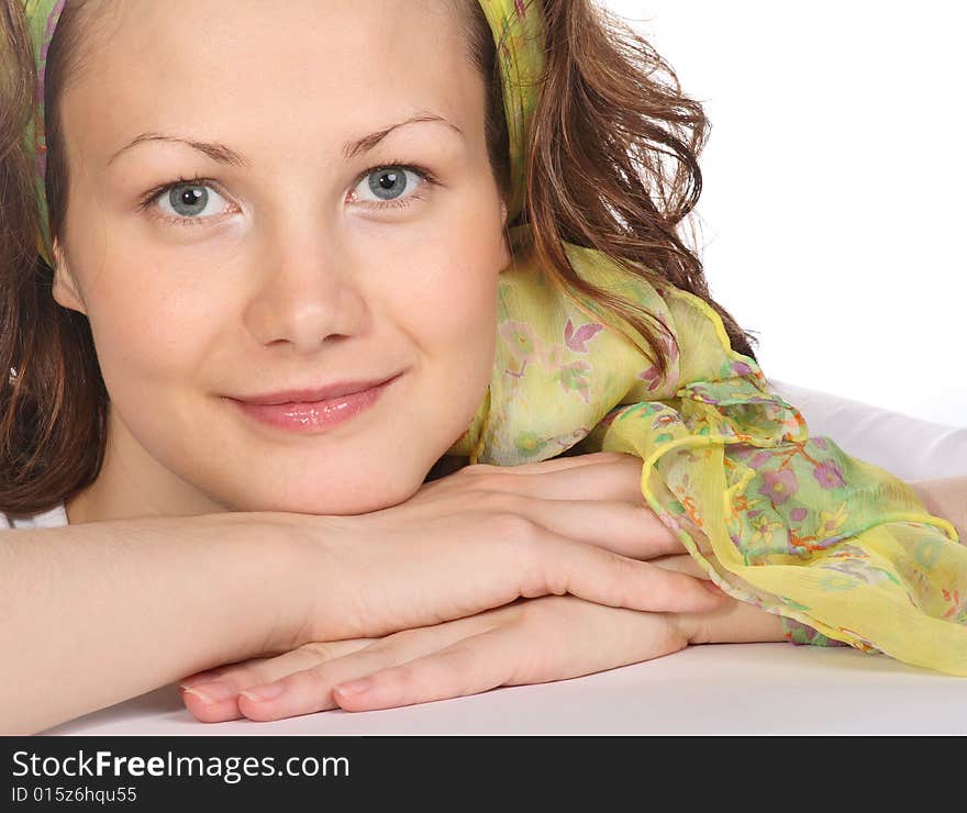 Portrait of Beautiful smiling model with green scarf