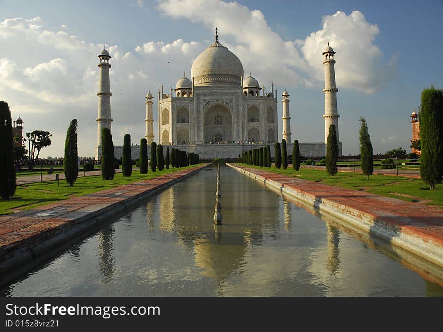 Famous building, Taj Mahal in late afternoon lights in Agra, India