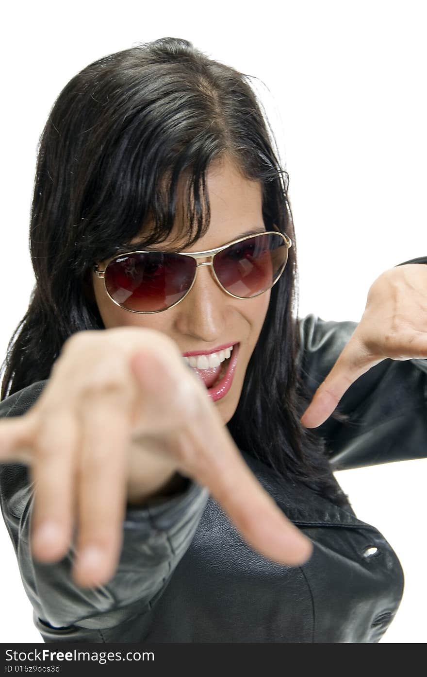 Gorgeous female with sunglasses showing hand gesture. Gorgeous female with sunglasses showing hand gesture