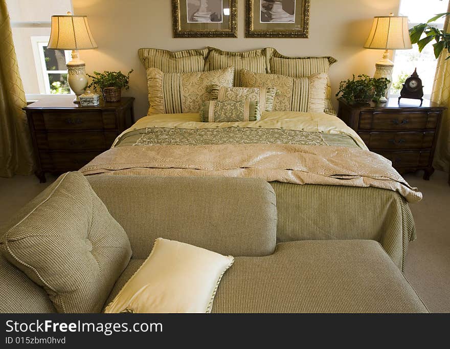 Designer bedroom with contemporary furniture and decor. Designer bedroom with contemporary furniture and decor.