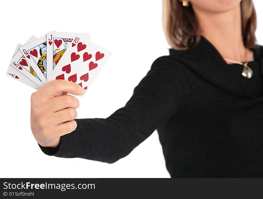 Woman holds   card in hand on white