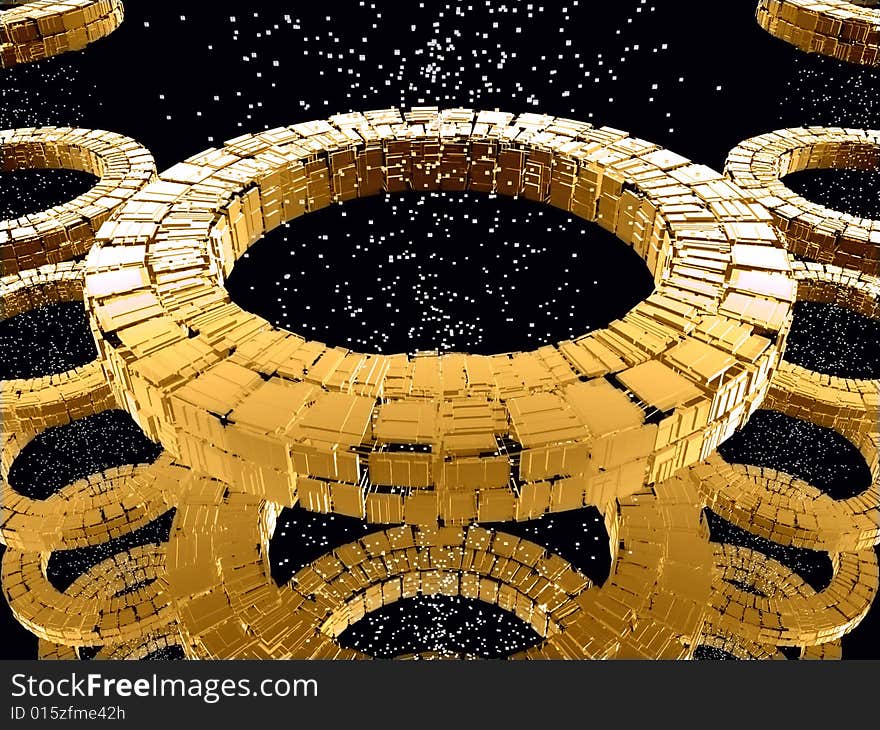 Fantasy circular yellow futuristic constructions with lots of particles