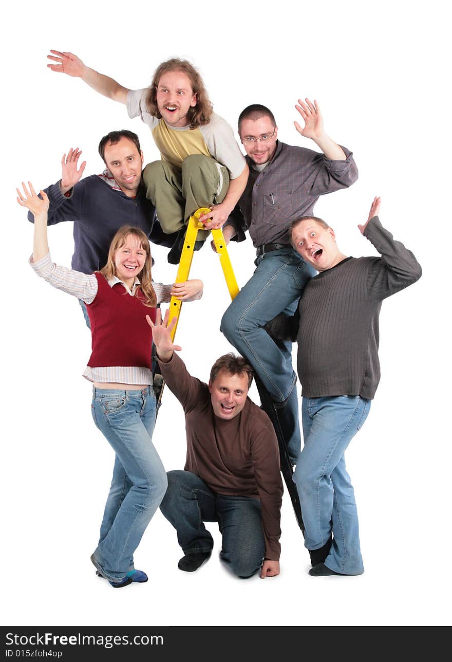 Group of friends on step-ladder on white