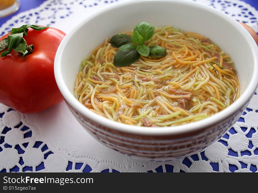 A fresh noodles soup in a soup bowl