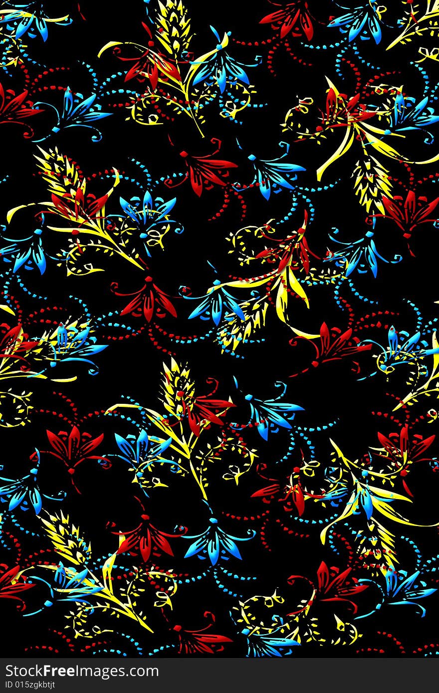 Texture of red, blue and yellow flowers on black background. Texture of red, blue and yellow flowers on black background