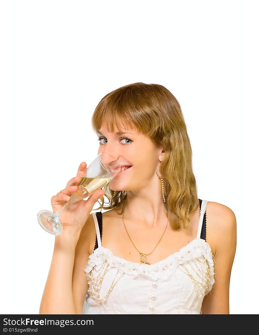 Young Girl drinking Champagne isolated on white