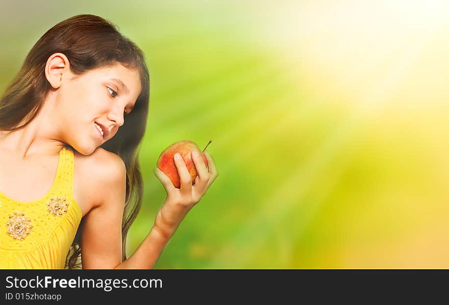 Background with portrait teen girl with apple