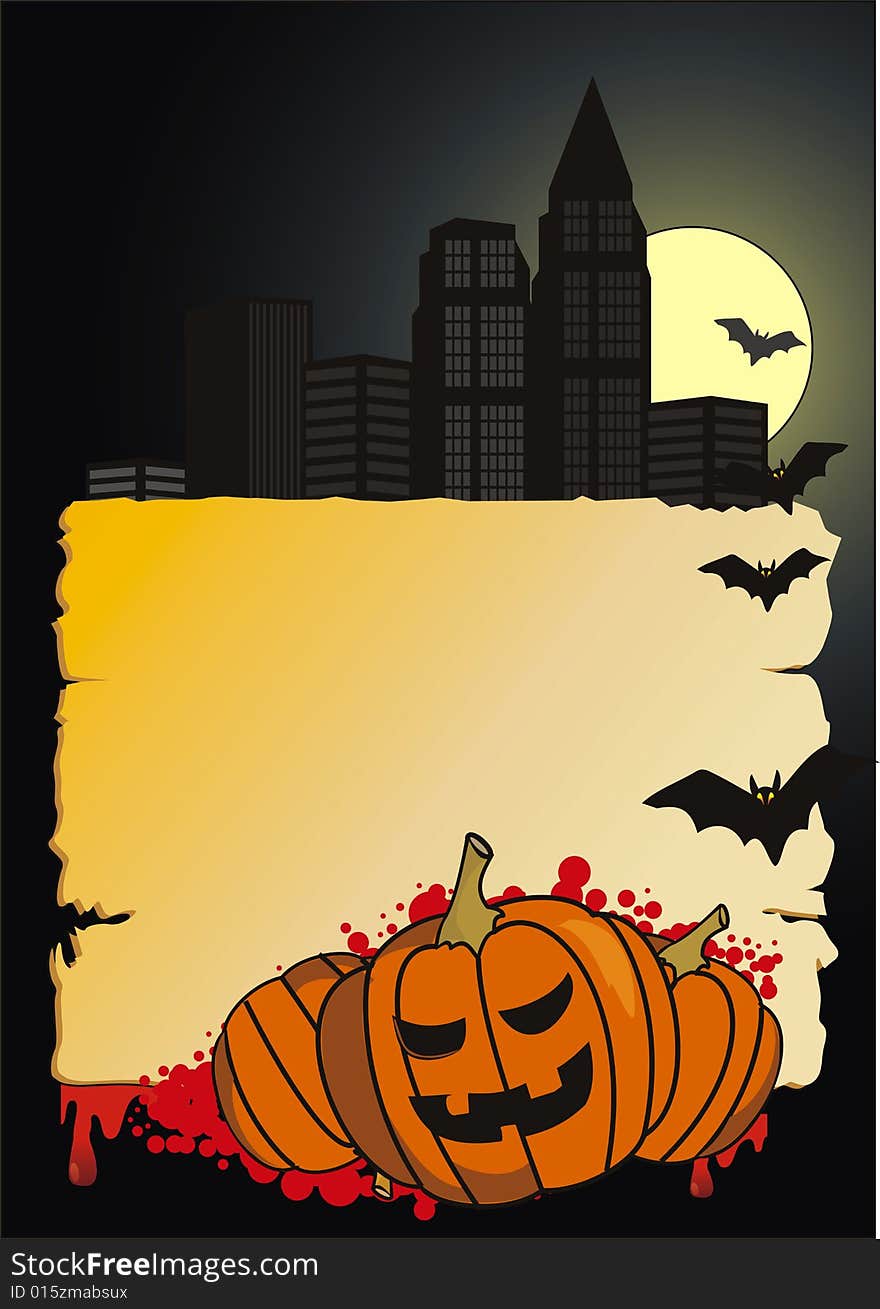 Halloween night in the city with bats and pumpkin