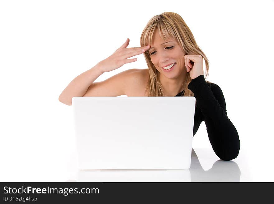 Closeup portrait of a happy young woman using laptop. On white background