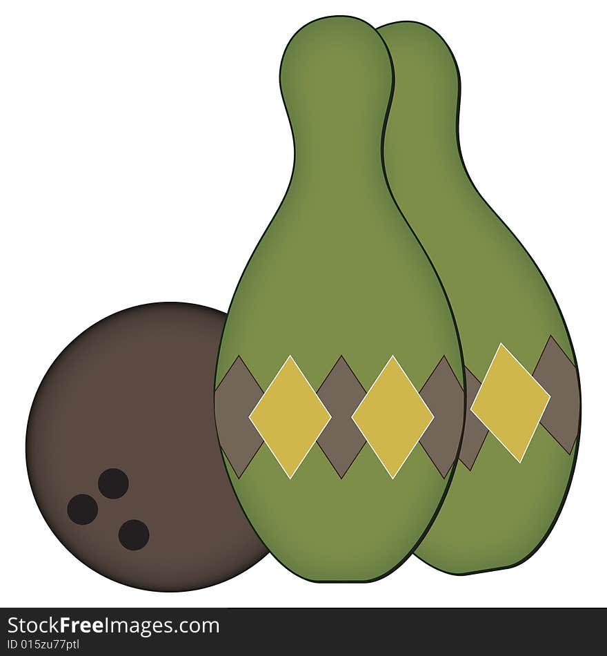 Two avocado green bowling pins with retro argyle pattern and ball. Two avocado green bowling pins with retro argyle pattern and ball.