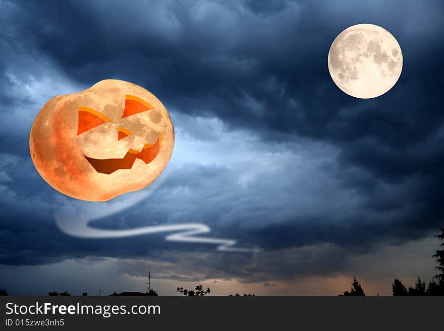 Flying Halloween pumpkin smiling at the moon and imitating it's texture.