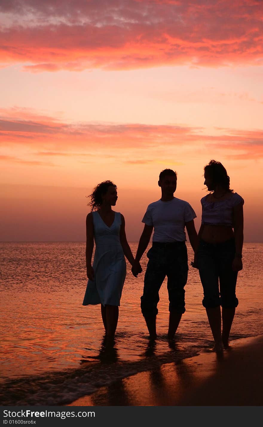 Three on shore seas in waves on the sunset background