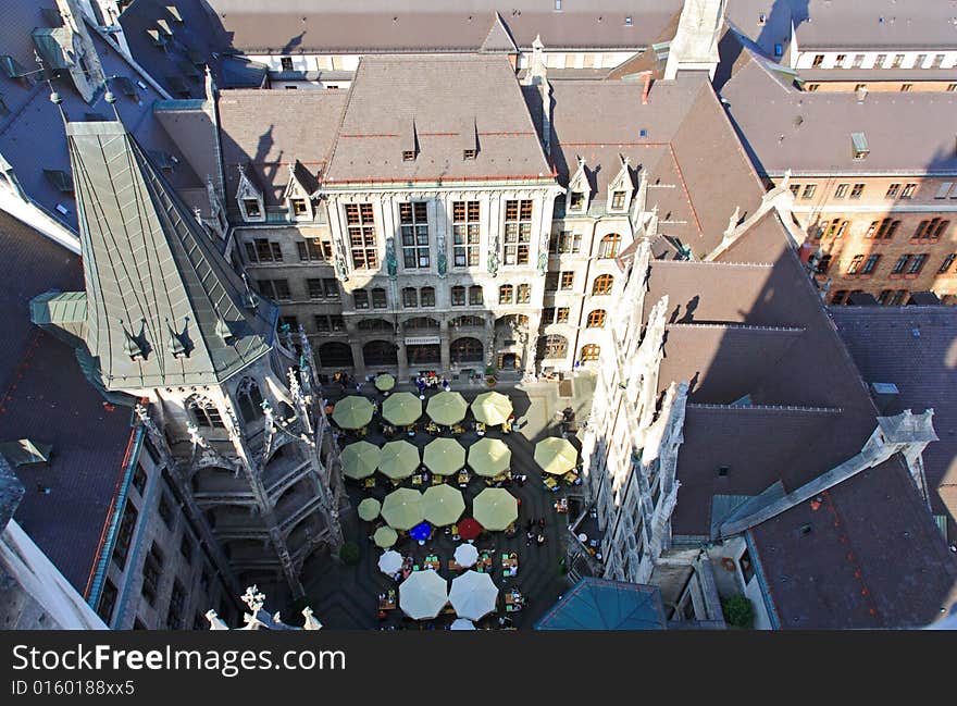 The aerial view of Munich city center from the tower of the City Hall