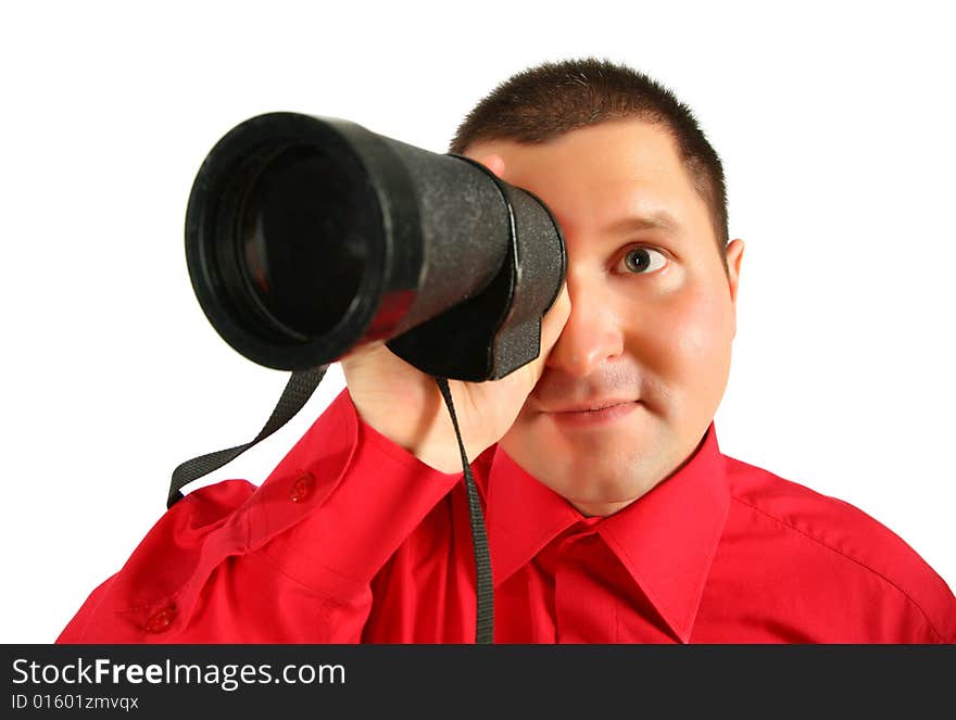 Businessman In Red Shirt Looks In  Spyglass