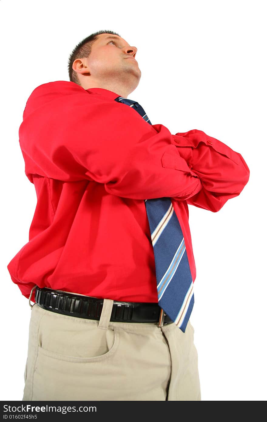 Businessman in red shirt with his hands crossed on white