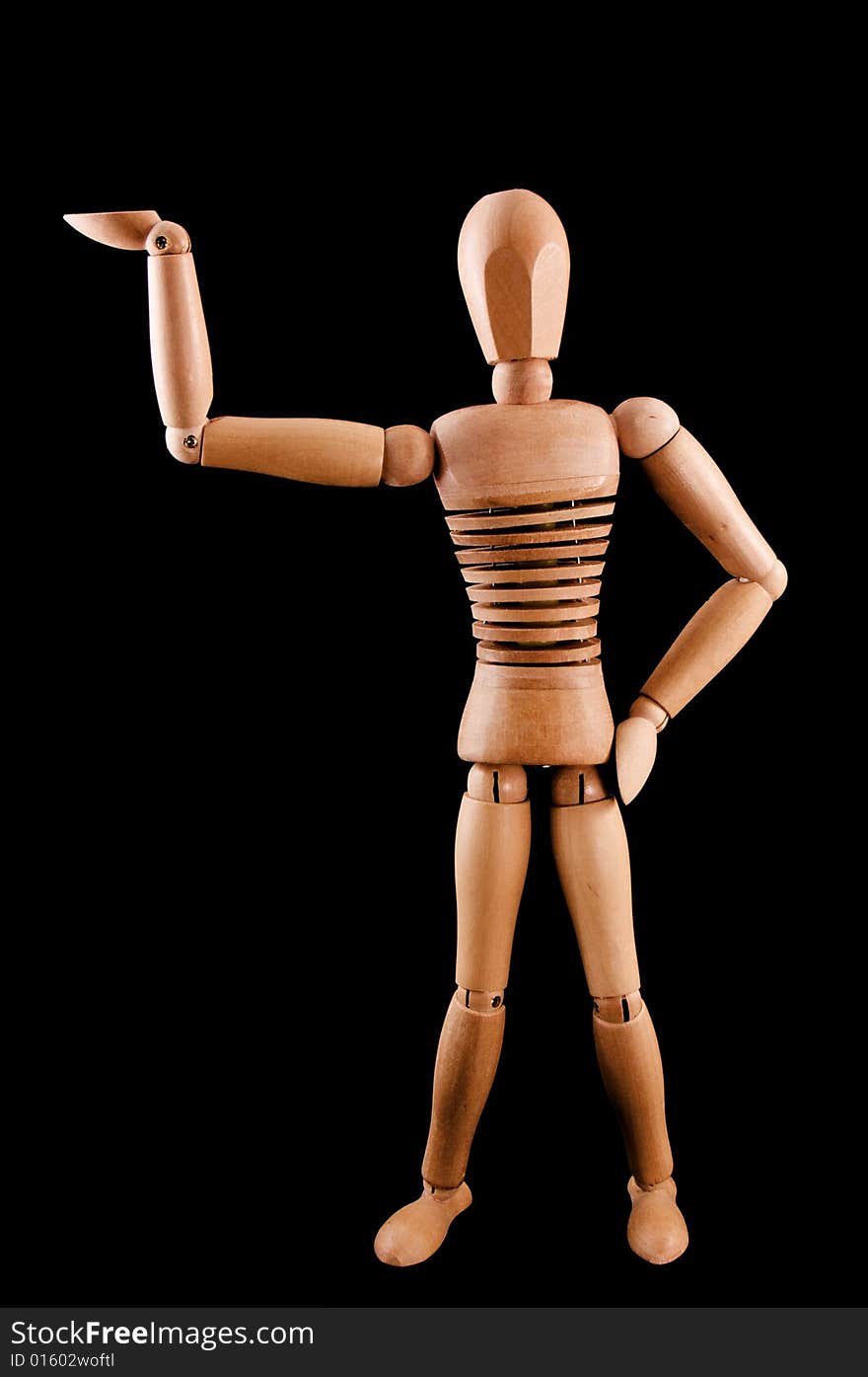 A wooden armature does the little teapot pose. A wooden armature does the little teapot pose