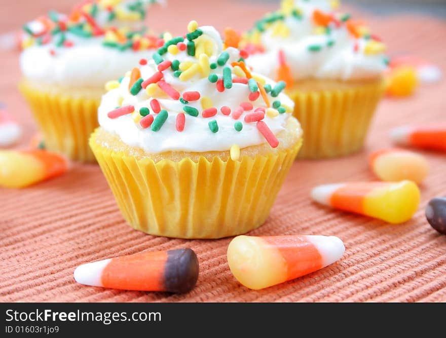 Seasonal cupcake with candy corn. Seasonal cupcake with candy corn.