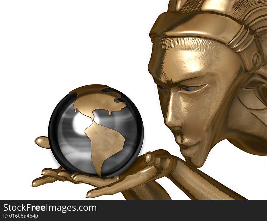 Globe in hands of the gold girl, 3D rendering. Globe in hands of the gold girl, 3D rendering