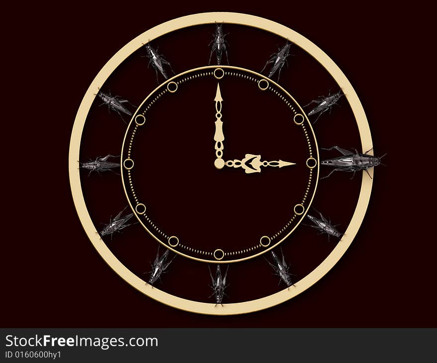 Original clock with metal grasshoppers, 3D rendering. Original clock with metal grasshoppers, 3D rendering