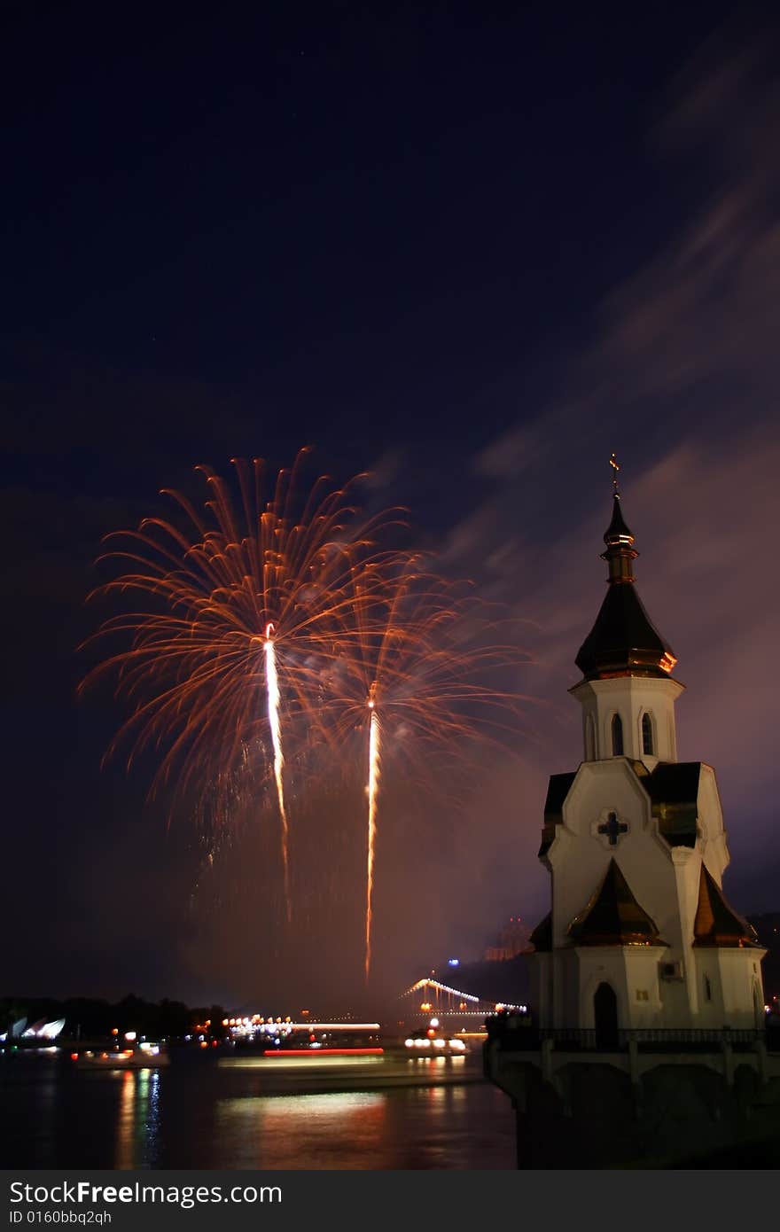 Firework And Church On River