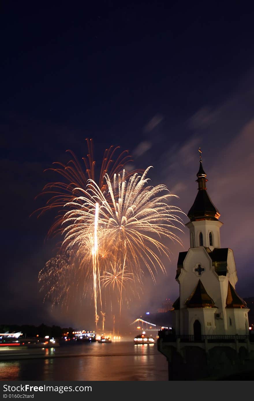 Firework And Church On River