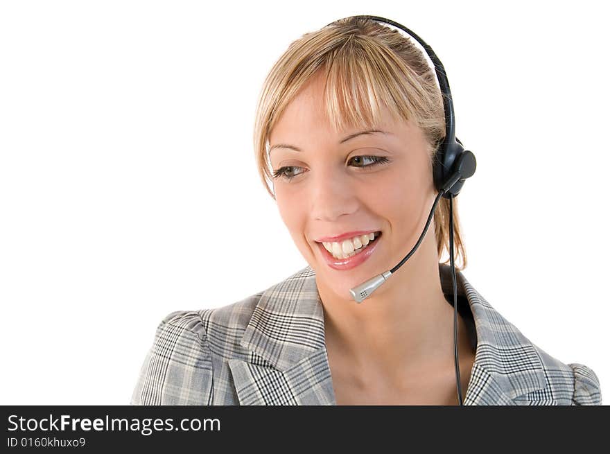 Closeup portrait of a happy pretty executive with headset. Isolated on white background. Closeup portrait of a happy pretty executive with headset. Isolated on white background