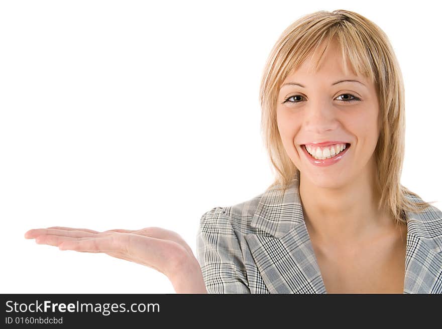 Attractive woman holding and at an imaginary product. Isolated image with white background. Attractive woman holding and at an imaginary product. Isolated image with white background.